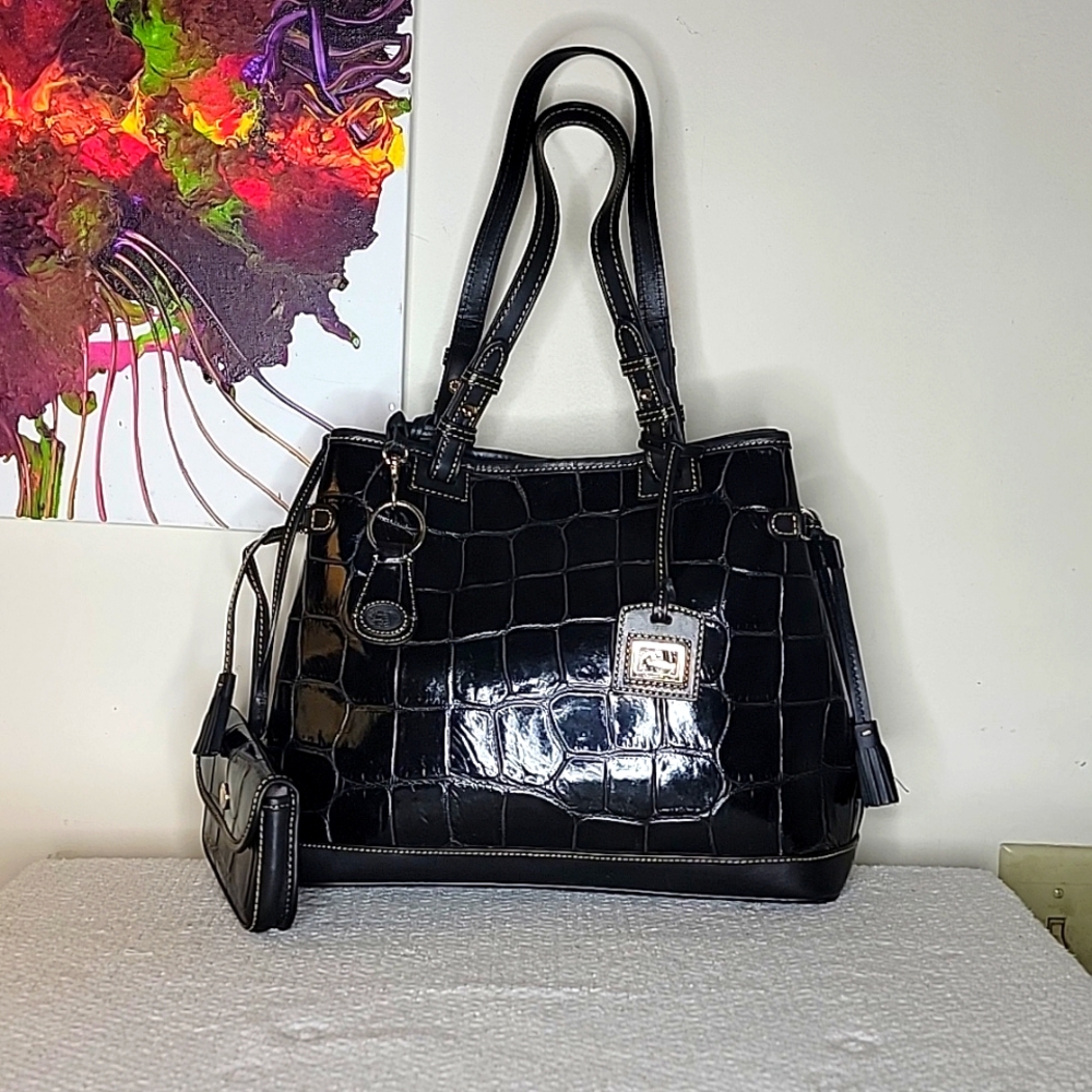 Dooney and Bourke Croco Embossed Double Strap Totebag Black with change Pouch
